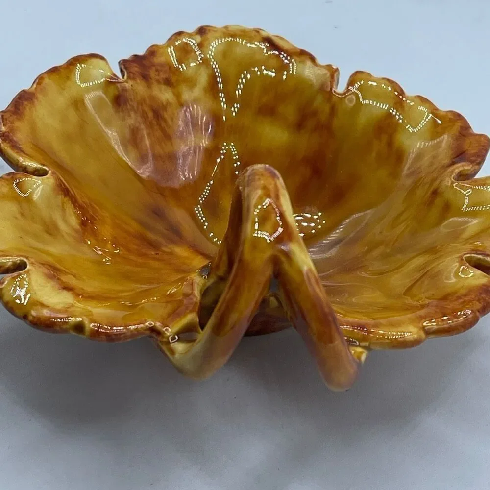 Mullins Ceramics brown leaf nappy or trinket dish. Kentucky drip glaze